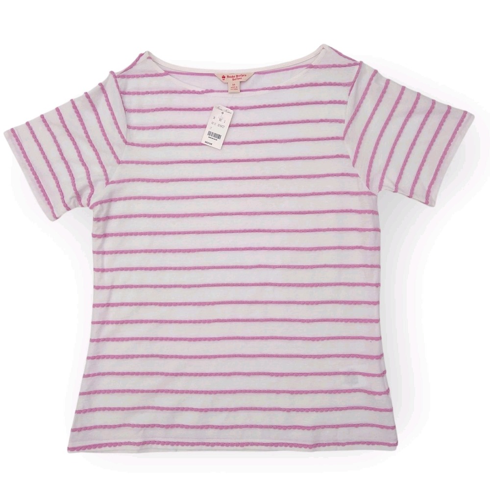 Brooks Brothers Red Fleece T-Shirt Womens M Fringe Knit Striped Short Sleeve NEW